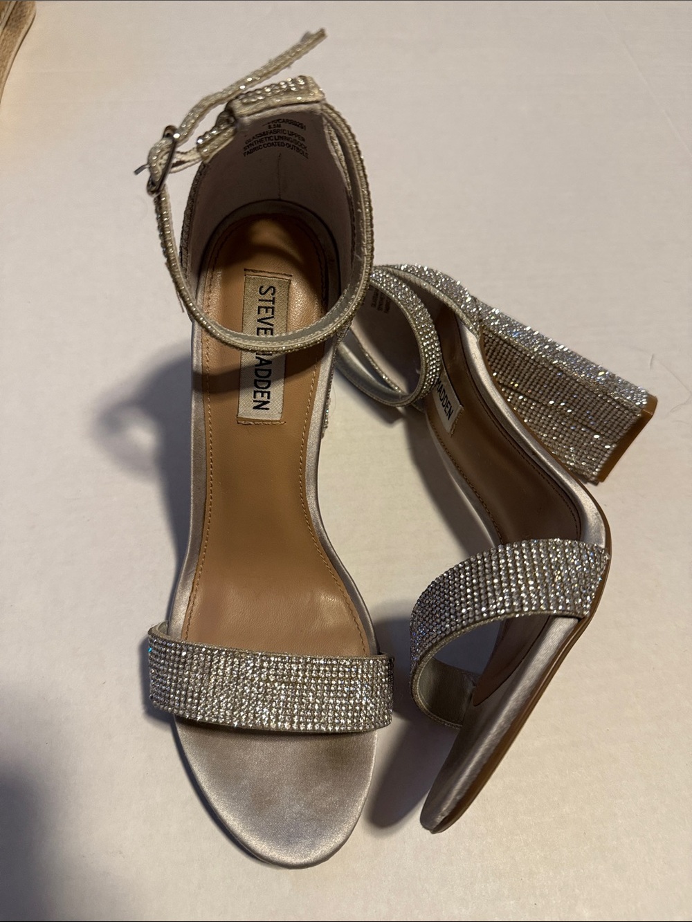 Steve Madden Crystal-Embellished Silver Block Heel Sandals